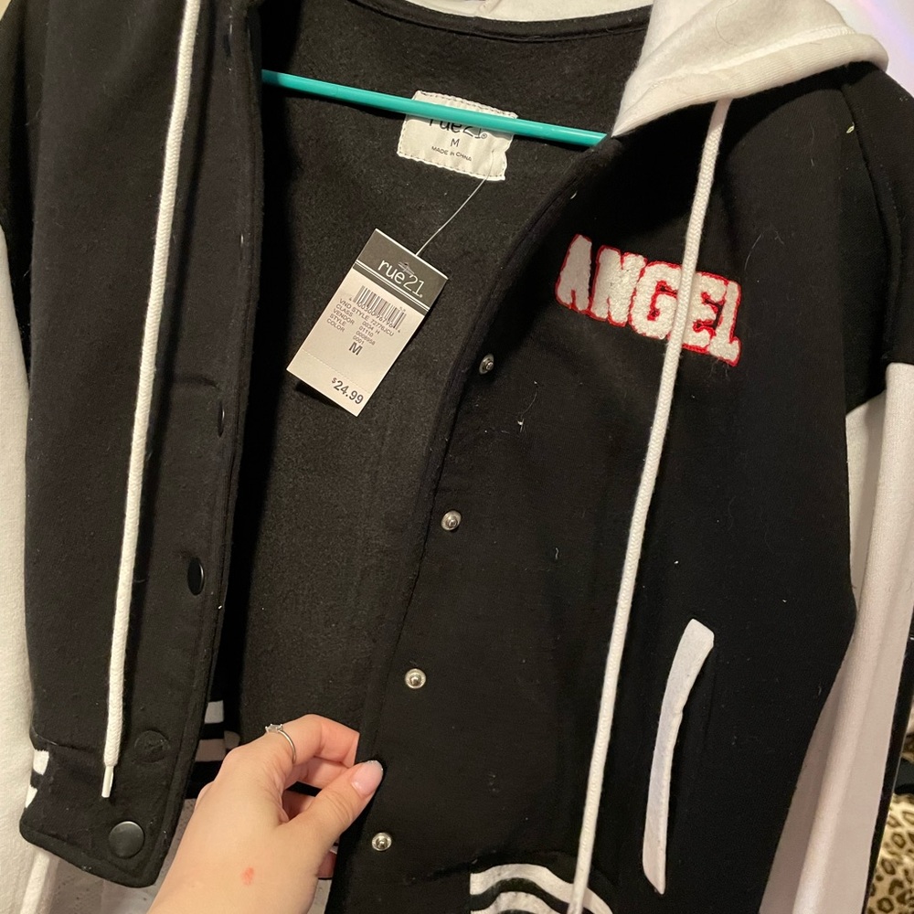 Black and White Varsity Jacket with Red 'Angel' Embroidery